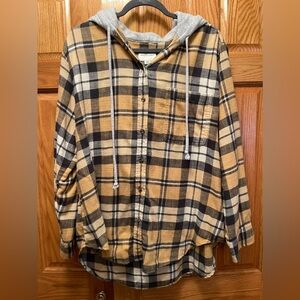 American Eagle Outfitters Yellow & Grey Flannel w/ Grey Hood - Large